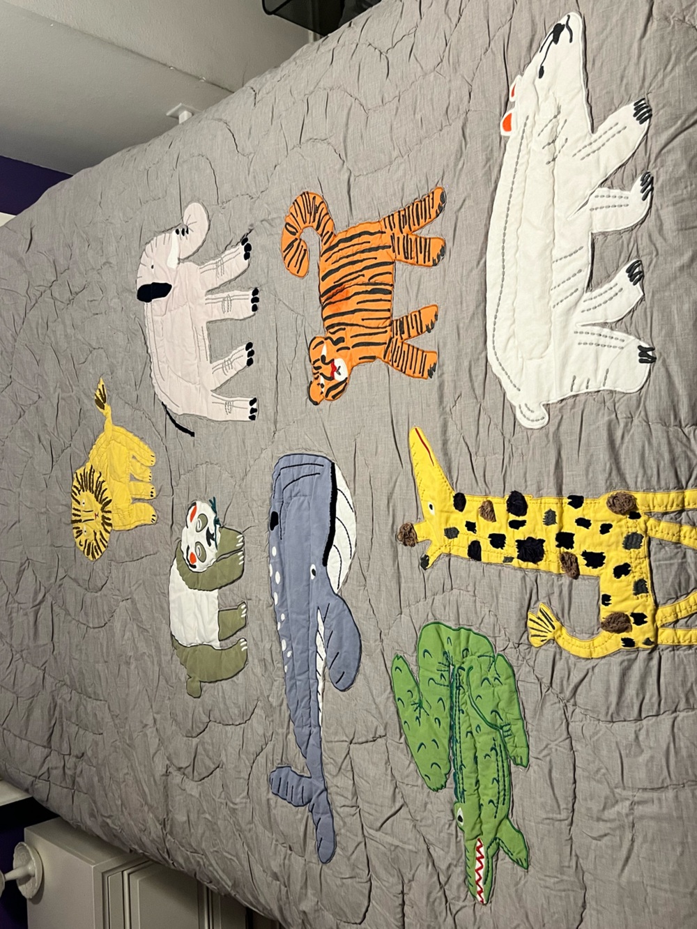 Pottery Barn Kids Gray Quilted Safari Animal Quilt with Colorful Appliqués